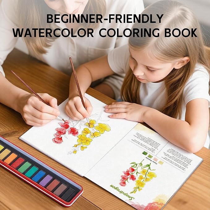 Watercolor Workbook for Beginners, Watercolor Paint Set, Arts & Crafts Water Color Book Notebook Practice Coloring Book for Adults and Teens with 12 Colors Painting Set & Brush (Flowers)