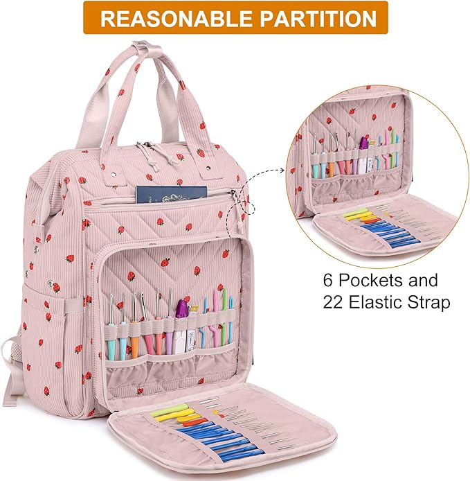 Crochet Bag Backpack, Yarn Storage, Large Crochet Storage Organizer for Knitting & Crochet Accessories, Kawaii Corduroy Crochet Supplies, Christmas Gifts for Women, Pink Strawberries