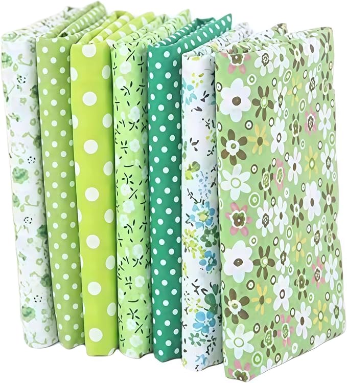 7Pcs Top Green Cotton Craft Fabric Bundle Squares Patchwork DIY Sewing Scrapbooking Quilting Floral Dot Pattern Craft and Hobby Fabric 10" x 10" (25cm x 25cm)