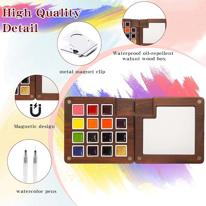 Mini Watercolor Paint Set - 15 Color Travel Watercolor Palette Set - Portable Water Color Paint Set with Watercolor Journal, Binder Clips,Pens,Storage Bag, Wooden Box for Beginners Painters Artists Student