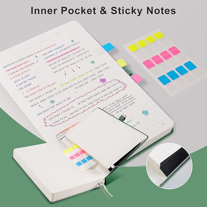 EMSHOI Lined Journal Notebook - 320 Numbered Pages, A5 College Ruled Notebooks with Contents, 100GSM Thick Paper, Hardcover Leather Journals for Women Men Work School Writing, 5.75 x 8.38-Green