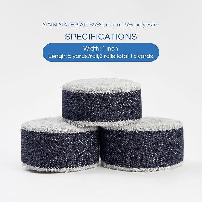 Pretty Jolly Dark Blue Denim Ribbon for Crafts Handmade Rustic Frayed Cotton Jean Fabric Ribbon for Flower Bouquet 15 Yards 1 Inch Cloth Ribbons for Gift Wrapping Hair Sewing Accessories Holiday Decor