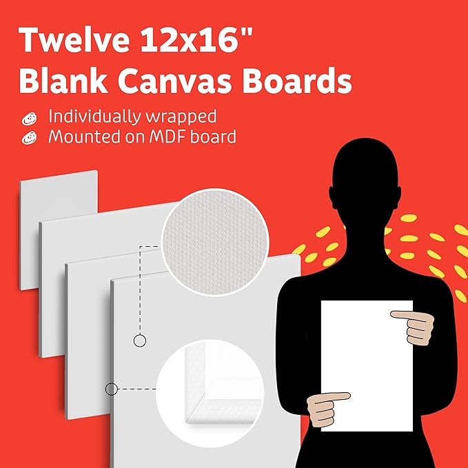 Artlicious Canvases for Painting - Pack of 12, 12 x 16 Inch Blank White Canvas Boards - 100% Cotton Art Panels for Oil, Acrylic & Watercolor Paint