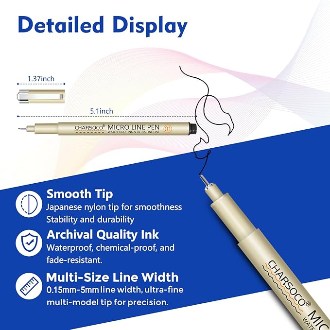 30 Micro Pen, 6 Pack Black Fine Point Pen with Waterproof Archival Ink, 3mm Fineliner Ink Pens for Artist Illustration, Sketching, Anime, Manga, Technical Drawing and Scrapbooking