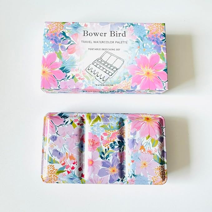 Bower Bird Travel Watercolor Palette,Portable Ceramic Palette,Empty Paint Palette,Small Travel Metal Paint Boxwith Porcelain Palette