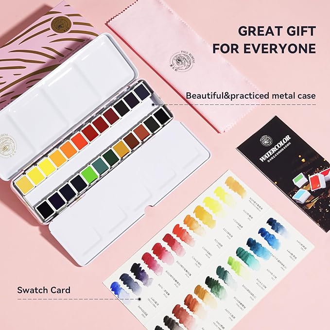 Paul Rubens Artist Watercolor Paint Set,24 Vibrant Colors in Portable Box, Great Lightfastness, Perfect Travel Professional Watercolor Set for Artists, Beginners, Adults