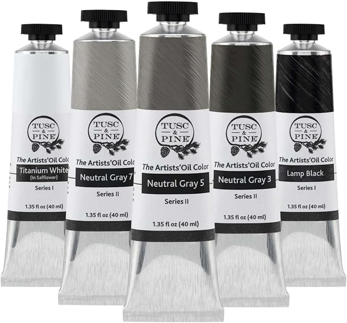 Tusc & Pine Artist Oil Paint - 40 ml Set of 5 - Greys - Non-Yellowing, Rich & Creamy Consistency, Maximum Pigment Load, Small Batch Milled Oil Paints Developed for Professional Artists