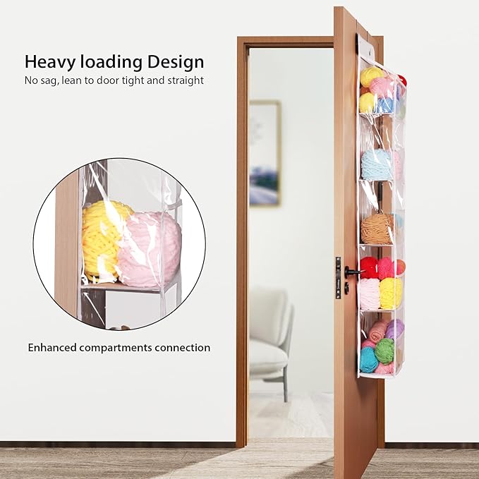 Univivi Door Hanging Yarn Storage Organizer, Knitting and Crochet Organizer Yarn Ball Storage with 5 Clear Plastic Pockets & 2 Big Metal Hooks for Knitting Needles, Crochet Hooks, Yarn Balls, UN0826