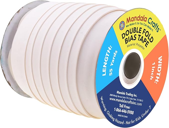Mandala Crafts 55 Yards 1 Inch Ivory Double Fold Bias Tape for Sewing - Bias Binding Tape for Quilting Binding, Hemming, Seam, and Fabric Piping
