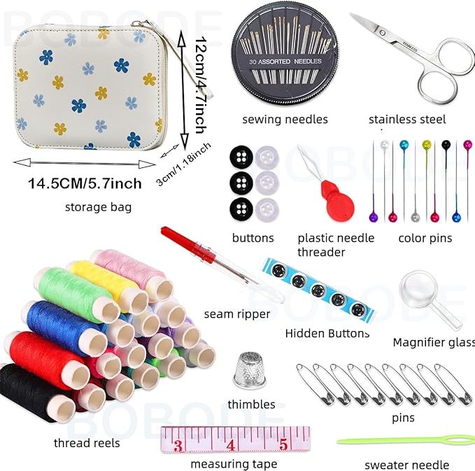 Bobode Sewing Sets & Kits Mini Travel Sewing Kit Floral Pattern Sewing Set Professional Basic Sewing Supplies Printing Carry Sewing Kit for Adults, Emergency, Home Beginners