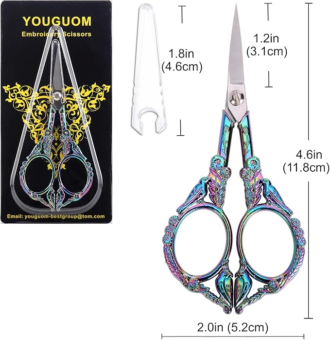 Sewing Embroidery Scissors – Small Vintage Sharp Detail Shears for Craft, Artwork, Needlework Yarn, Handicraft DIY Tool, Thread Snips, 4.6in Rainbow Bird Style