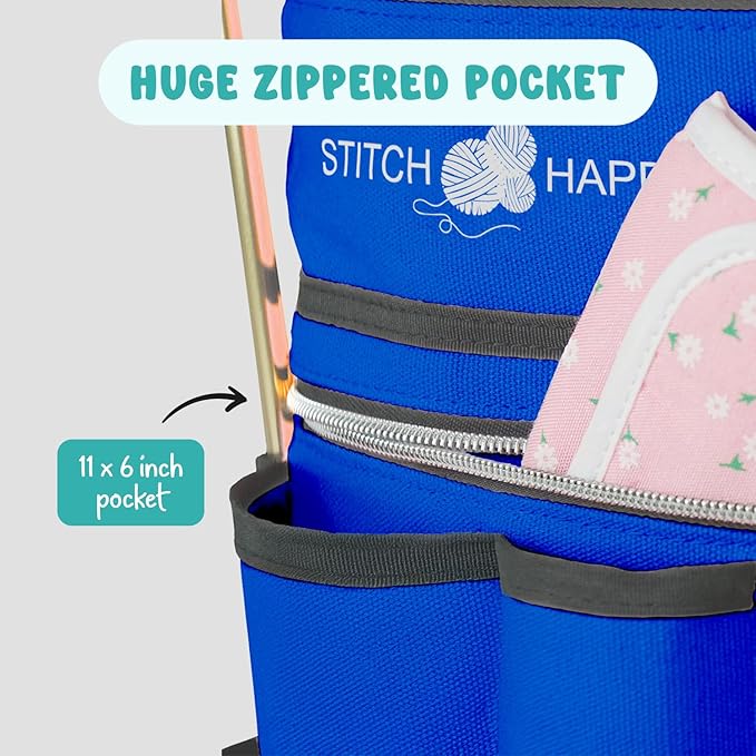 Stitch Happy Knitting Bag (Cobalt): 7 Pocket Yarn Bag, Knitting Tote, Yarn Storage, Crochet Storage