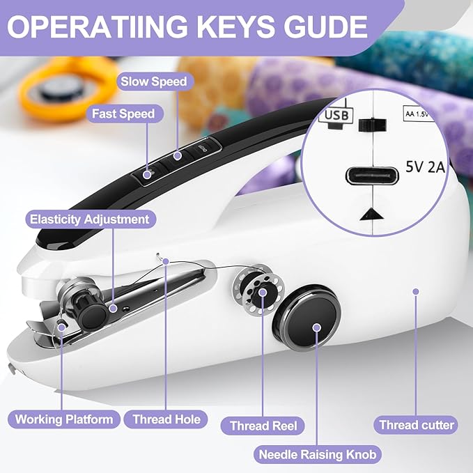 Mini Sewing Machine for Beginners， Portable Handheld Sewing Machine with Dual Speed & Power Modes - Quick Stitch for Home Travel DIY Repairs， Easy to use