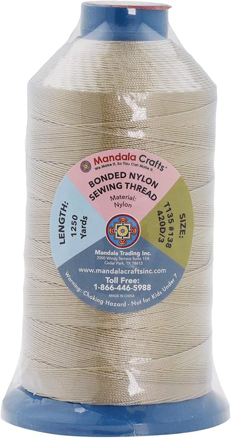 Mandala Crafts Size 138 420D T135 Bonded Nylon Thread - Khaki 1250 YDs Tex 135 Heavy Duty Sewing Threads for Leather, Jeans, Weaving, Outdoor Marine Upholstery