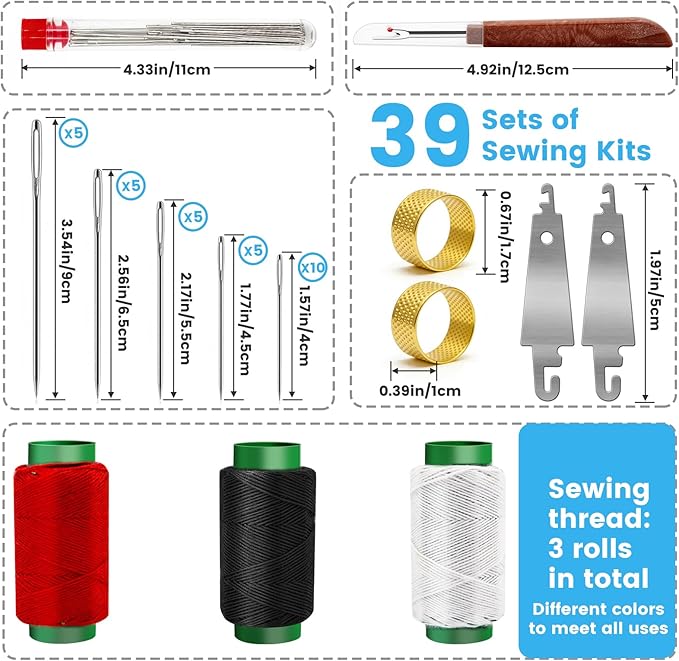 JUNCHONG Sewing Set 39Pcs Sewing Tool Set, Big Eye Steel Sewing Needles Kit with 30 Needles & Seam Ripper, Beginner Sewing Work Set