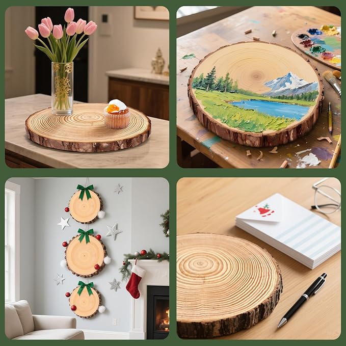 FSWCCK 2 Pack Nature Unfinished Round Wood Slices, 9-11 Inches Wooden Circle, Large Wood Slabs for Weddings Centerpieces Decor and DIY Painting Crafts (9"-11")