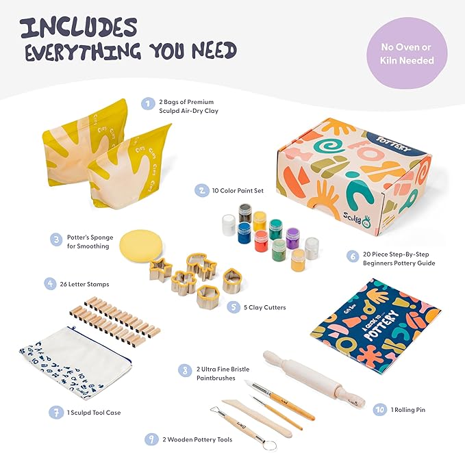Sculpd - The Original Kids Pottery Kit, Air-Dry Clay Starter Kit for Kids Age 4 to 6, Air Dry Clay with 10 Colour Paint Set, Paintbrushes, Tool Set, Alphabet Stampers, Sponge and Step-by-Step Guide