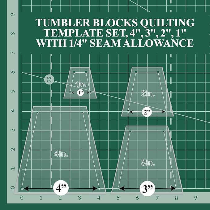 Quilting Acrylic Template Set | Precision Tools for Quilting Enthusiasts | Tumbler Blocks Design | Includes Sizes 4", 3", 2", 1" | 1/8 Clear Acrylic | 1/4" Seam Allowance for Accuracy