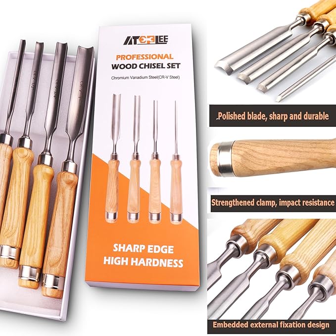 ATOPLEE 4 Pieces Wood Chisel Set for Woodworking, Professional Wood Chisel Tool Carpenter Gouge CR-V Steel Semi-Circular Edge Sharp Blade 8mm(5/16")/12mm(1/2")/18mm(3/4")/25mm(1") (Full Size-4PCS)