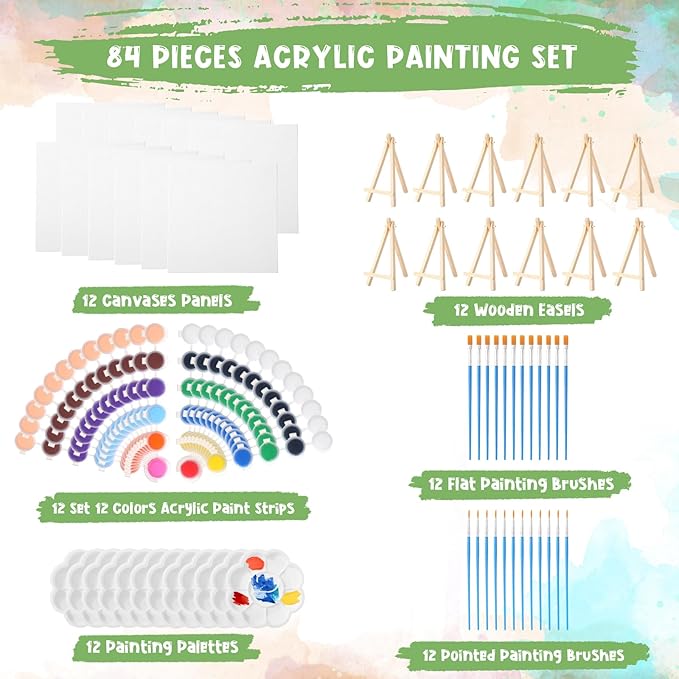 Qilery 12 Set Acrylic Paint Kit Mini Stretched Canvas with Easel, Acrylic Paints Strips, Brushes, Palette, Art Set for Kids Adults Classroom Birthday Party Favors(7.9 x 7.9 Inch)