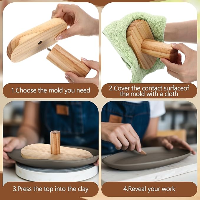 4 Pack Pottery Molds Plaster Molds Wood Pottery Tools with Handle for Ceramic Top Forms DIY Bowls Plate Dish Slump Press Art Making(Oval,12x6'' 10x5'' 8x4'' 6x3'' Thickness 1'')