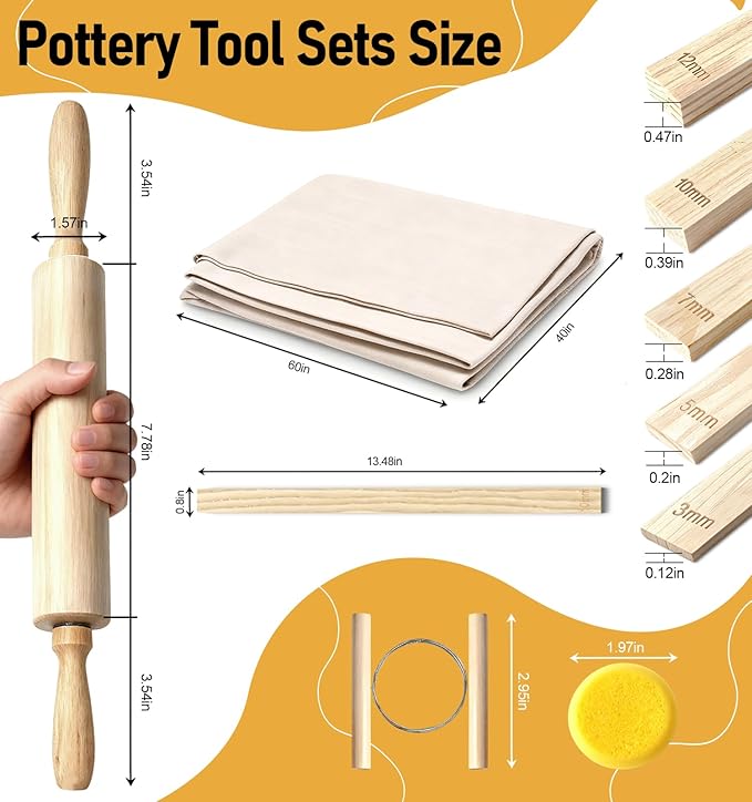 13 Pcs Pottery Tools, 5 Size Teaching Rolling Mud Stick Guide, Wood Rolling Pin, Pottery Special Linen, Clay Fabric, Sponge, Premium Pottery Tools for Hobbyists & Ceramic Artists