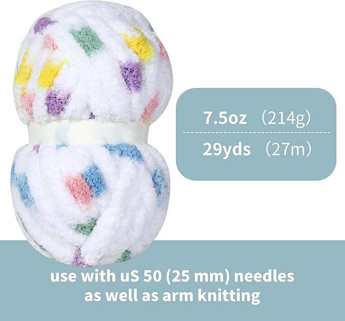 HOMBYS 8 Pack Giant Chunky Yarn for Crocheting/Hand Knitting, Super Bulky Large Soft Fluffy Tie Dye Plush Fuzzy Mixed Color Thick Chenille Yarn (Rainbow, White)