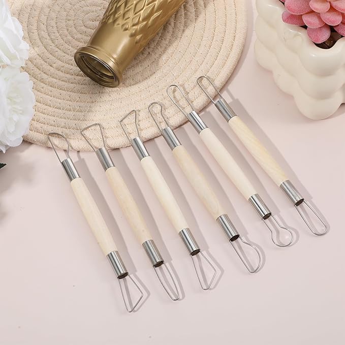 6PCS Double-Sided Clay Sculpting Tool, Wooden Handle Pottery Trimming Tool, Pottery Clay Sculpting Tools， Clay Wire Loop Sculpture Kit for Ceramic and Wax Carving