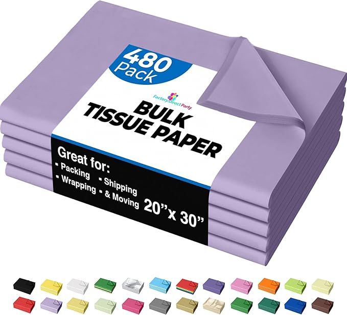 Party Solids Lavender Tissue Paper for Gift Bags - 20" X 30" Bulk Tissue Paper Lavender 480 Sheets - 10lb Newsprint for Packing, Birthday Gift Box Filler, Packing Supplies for Moving Supplies