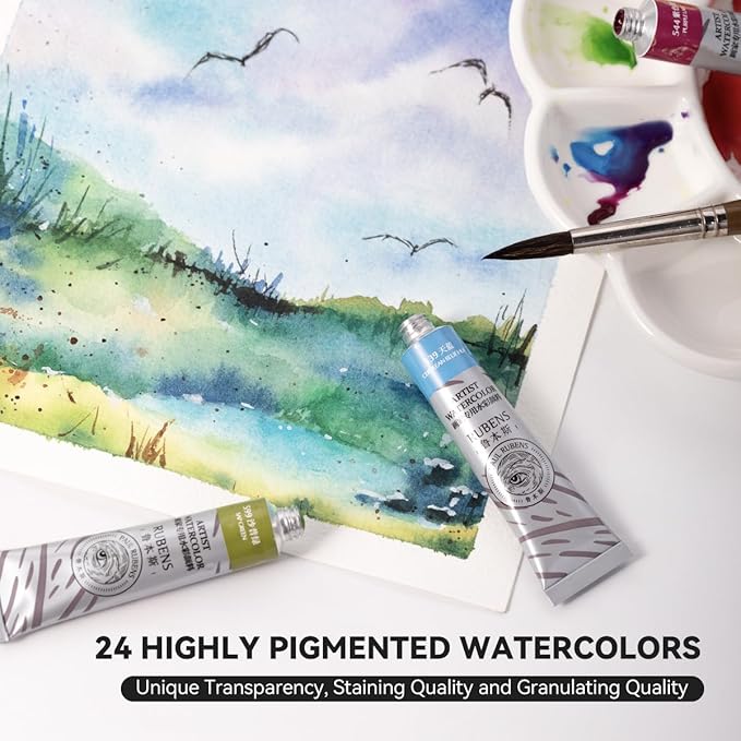 Paul Rubens Watercolor Paint Set 24 Vibrant Colors 12ml / 0.4 Fl Oz Tubes, Watercolor Tubes with Great Value, Water Color Paints Art Supplies for Adults, Artists & Beginners & Academy Grade