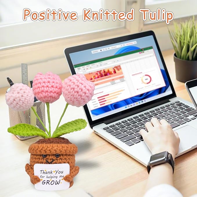 Positive Crochet Tulip Flower, Handmade Emotional Support Knitted Tulip Flowers Inspirational Gift for Women - Thank You, Appreciation, Positive Gift for Teacher, Mom, Friend, Coworker