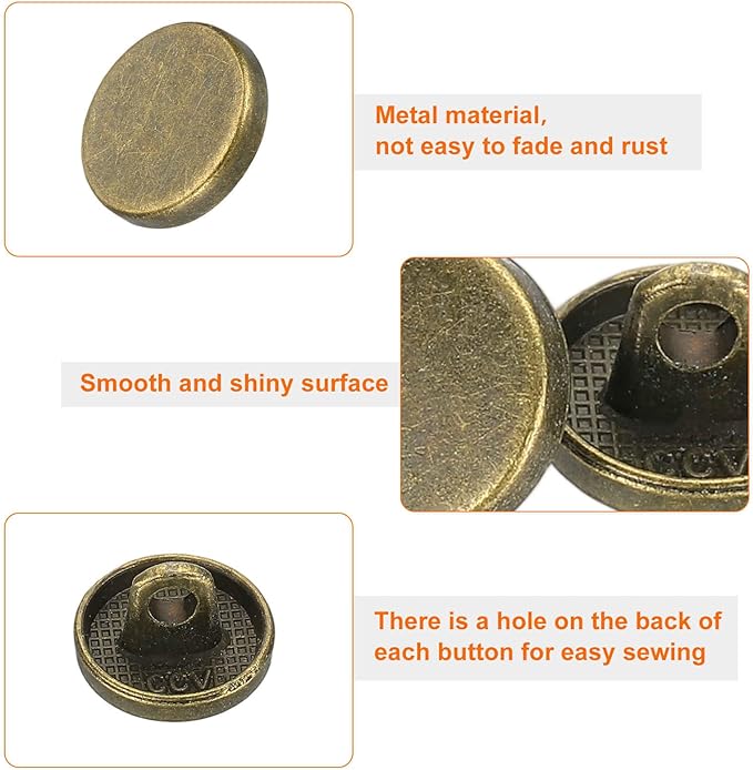 HARFINGTON 50pcs 16L Metal Round Flat Sewing Buttons 10mm Alloy Shank Craft Replacement Button for Men Women Suit Woolen Coat Shirt Trousers Sewing Crafts, Bronze