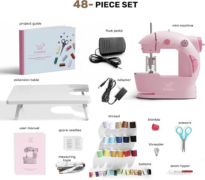 CraftBud Mini Sewing Machine for Beginners, Dual Speed Small Portable Sewing Machine for Kids and Adults with Extension Table, 48 Piece Gift Set Includes, Pedal, Projects Book, Light and More, Pink