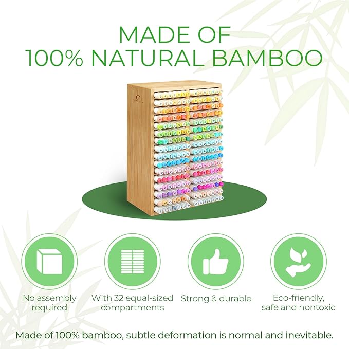 Ohuhu Bamboo Marker Organizer, Desktop Storage Hold 224 Markers for Honolulu Oahu Series of Ohuhu Markers, Pens Pencils Stationary Organizer Holder with 32 Compartments for Classroom Office Decor