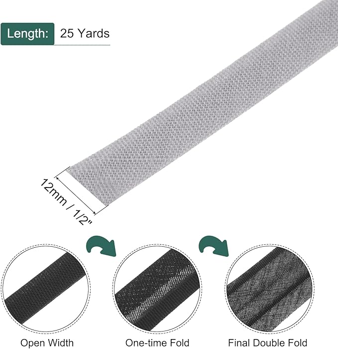 MECCANIXITY 1/2 Inch Double Fold Bias Tape Polyester Continuous Bulk Bias Tape for Sewing,Seaming Quilting Hemming Binding Crafts (Grey 25 Yards)