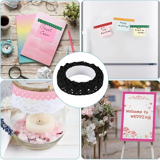 Black Self-Adhesive Lace Washi Tape – 2 Yards Cotton Fabric Ribbon Trim (1.5cm Width),Decorative Crochet Lace Sticky Tape for DIY Crafts,Scrapbooking,Card Making,Wedding Album & Embellishment Projects