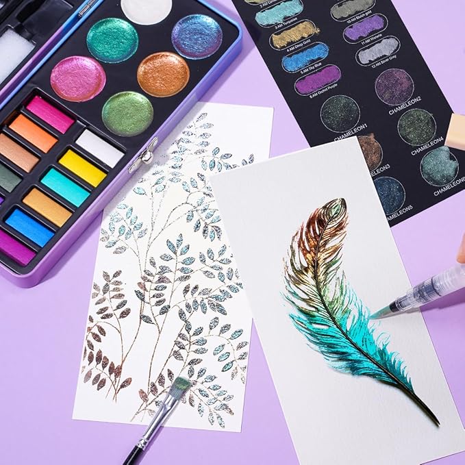 Watercolor Paint Set,18 Colors Glitter Watercolor Paint(12 Metallic Colors and 6 Chameleon Colors),Portable Travel Watercolor Set with Water Brush Pen,Pencil,Eraser,Watercolor Paper,for Adult Beginner