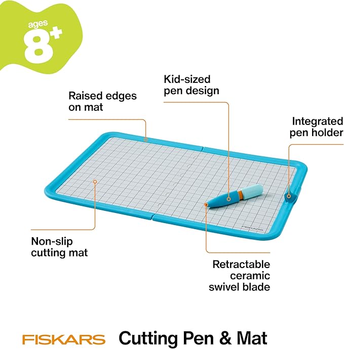 Fiskars Kids Cutting Pen and Mat – Safe Precision Cutting Tool with Foldable Non-Slip Mat for Crafting and School Projects