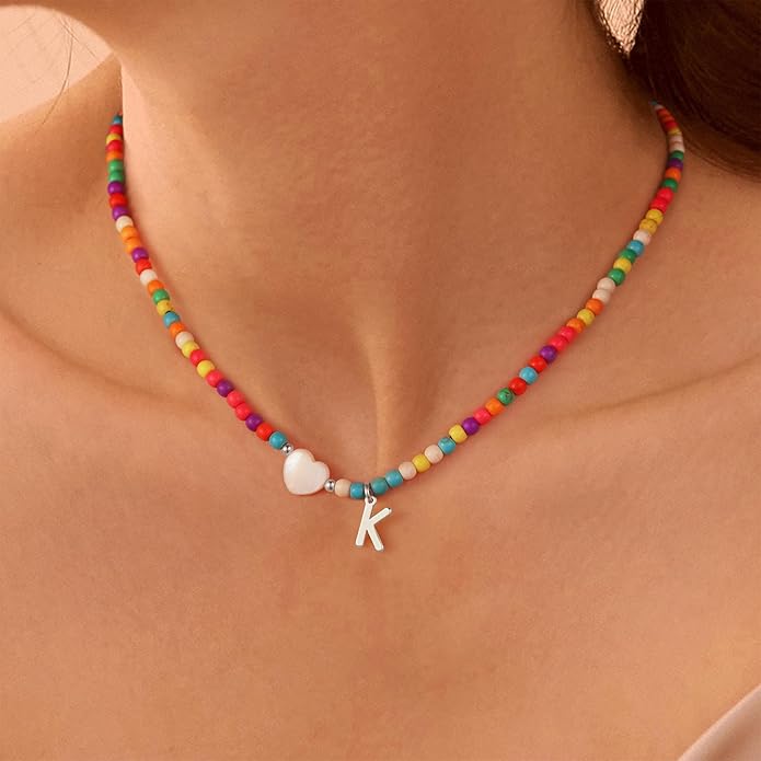 Ursteel Colorful Initial Cute Necklaces for Girls - Trendy Beaded Choker Necklace for Women Teen Girl, Handmade Letter Necklace Valentines Galentine Gifts for Women Girls Jewelry