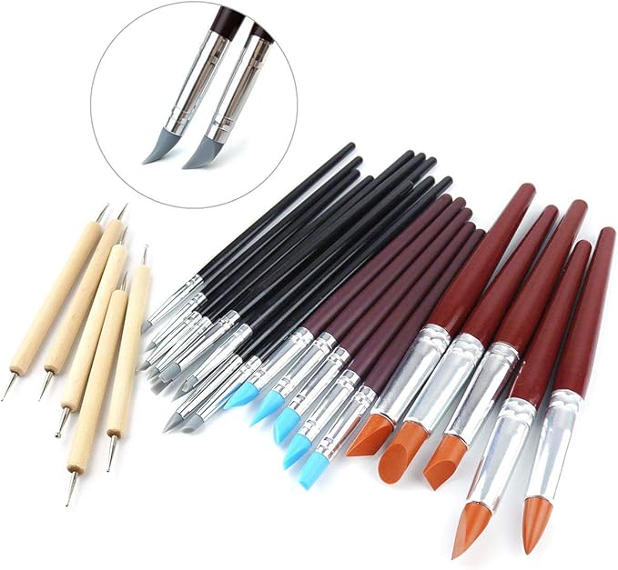 Hamineler 25 Pcs Clay Sculpting Tools Polymer Stylus Tool Set, Clay Shaping Tools Rubber Brushes Wipe Out Tool for Sculpture Pottery, Blending, Drawing