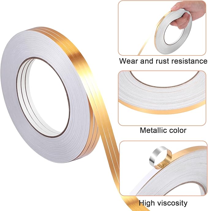 Zonon 3 Rolls 0.2" 0.4" 0.6" Gold Washi Tape 54.7 Yard Solid Foil Self Adhesive Polyester Film Metallic Tape for Detailing Graphic Arts for Crafts Walls Cars and Boats Trim(0.2'')
