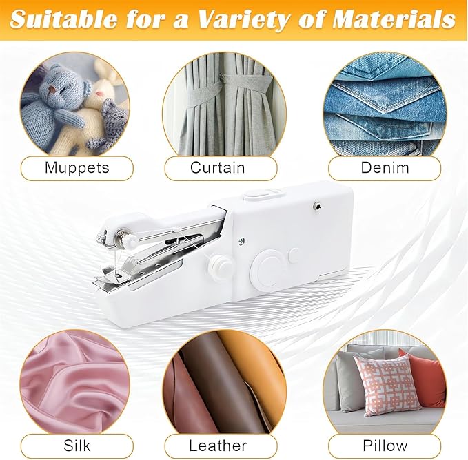 Portable Handheld Sewing Machine Kit Mini USB Electric Stitch Manual Hand Held Stitching Stapler Small Easy Sew Machine Beginners Travel Tiny Tailor Sewing Embroidery Tool Device Heavy Duty (White)
