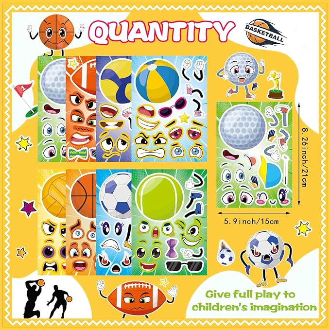 24 PCS Sport Ball Stickers for Kids, Make a Face Stickers, Make Your Own Mix and Match Sticker Sheets, Basketball, Baseball, Football, Volleyball, Soccer, Rugby Stickers for Teens/Kids