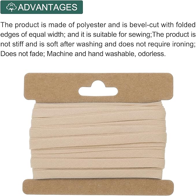 MECCANIXITY 1/4 Inch Double Fold Bias Tape Continuous Bulk Cotton Bias Tape for Sewing Seaming Quilting Hemming Binding Crafts (Khaki 12 Yards)