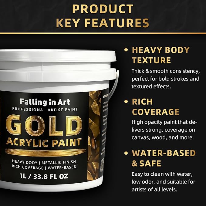 Falling in Art Gold Metallic Acrylic Paint, 33.8 Oz Heavy Body Gold Leaf Paint, Non-Toxic Art Paints for Metal, Furniture, Canvas, and DIY Crafts
