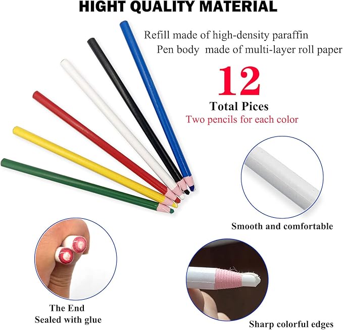 Sewing Pencil 12 PCS Colors Invisible Erasable Fabric Pencils For Leather Cut Marks, Student Drawing, Tailor Mark