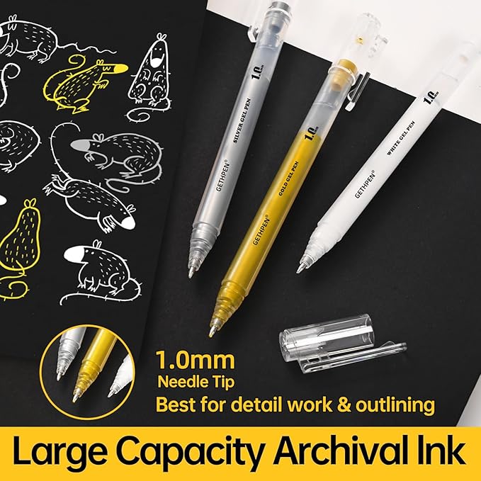 3 Colors Gel Pen Set – White, Gold & Silver 1.0mm Fine Point Gel Ink Pens for Artists, Black Paper Drawing, Bullet Journaling & Holiday Crafts – Opaque Archival Ink, 3-Pack