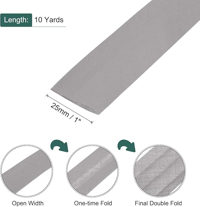 MECCANIXITY 1 Inch Double Fold Bias Tape Polyester Continuous Bulk Bias Tape for Sewing,Seaming Quilting Hemming Binding Crafts (Gray 10 Yards)
