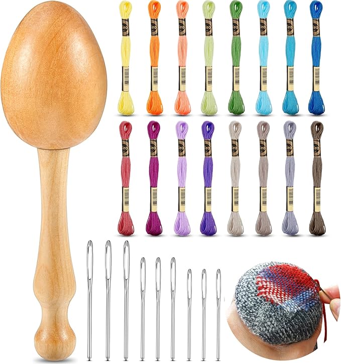 Jexine Darning Egg for Socks Wooden Darning Supplies Kit with 9 Large Eye Needles 16 Colors Sewing Threads for Socks Clothes Weaving Adults Darner DIY Handicraft Home Sewing Care(Multiple Color)