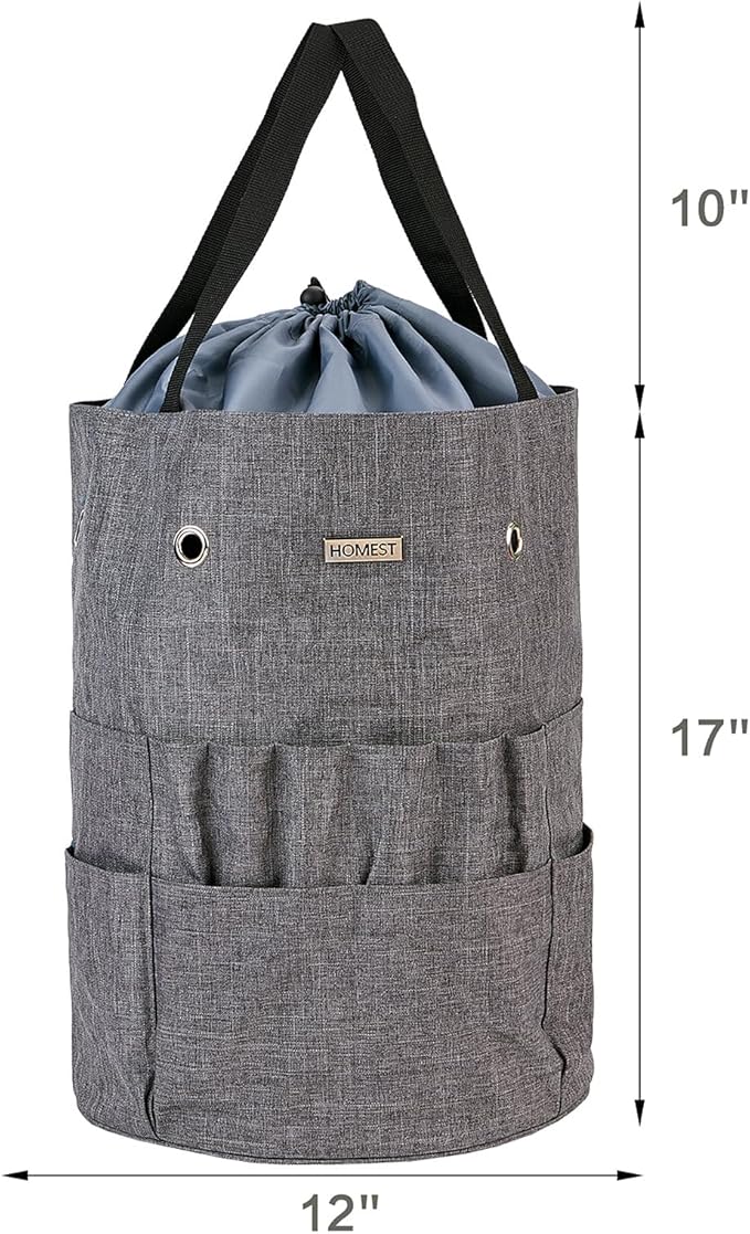 HOMEST Large Crochet Bag with Customized Front Compartment for Knitting Accessories, Yarn Storage with 6 Oversized Grommets, Tote Organizer with Drawstring Closure, Gray
